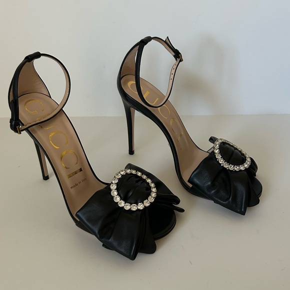 Gucci Women's Ilse Big Bow Crystals Soft Black Leather Stiletto Sandals 36.5 - Picture 3 of 11